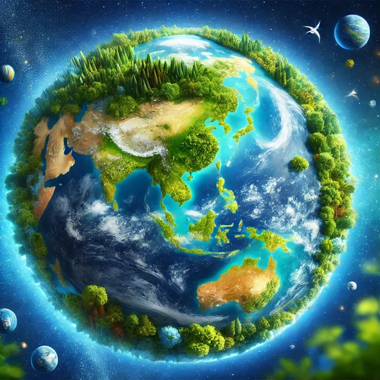 Vibrant, clean planet Earth with lush green forests, clear blue oceans, and thriving ecosystems. The image symbolizes environmental care,