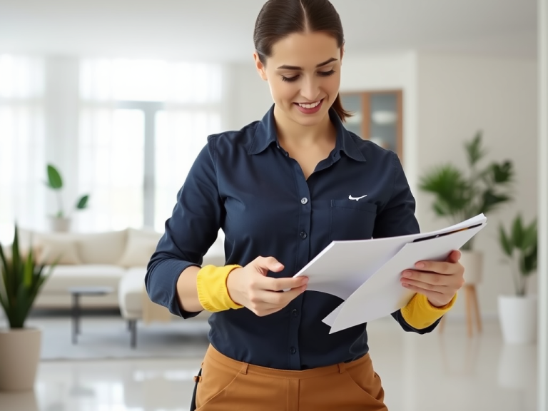 Un nettoyeur professionnel inspectant minutieusement une maison impeccable, s'assurant que chaque coin respecte les normes de nettoyage 