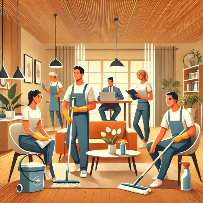 Illustration d'une équipe de nettoyage professionnelle et diversifiée travaillant ensemble dans une maison moderne, offrant des services