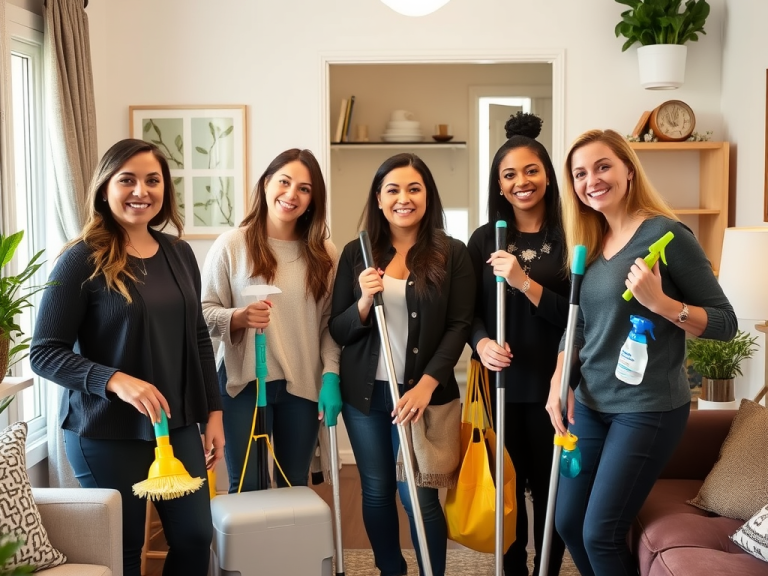 Équipe de nettoyage décontractée et diversifiée composée de femmes souriantes et travaillant ensemble dans un environnement chaleureux. 